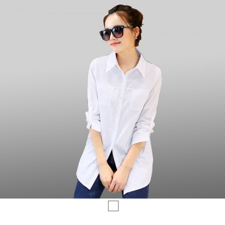 【晶輝】CH063-韓版寬鬆口袋棉質素面休閒長版襯衫