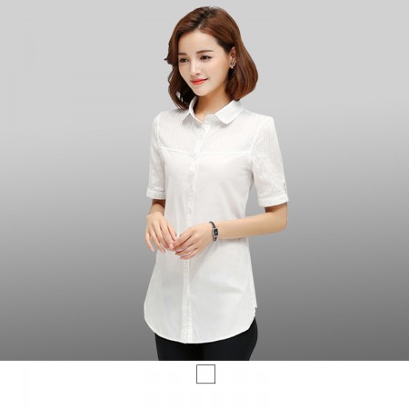 【晶輝】CH077-素面修身長版商務OL短袖襯衫