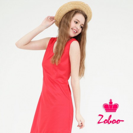 【晶輝】Q5043-V領素面無袖紅色連身裙